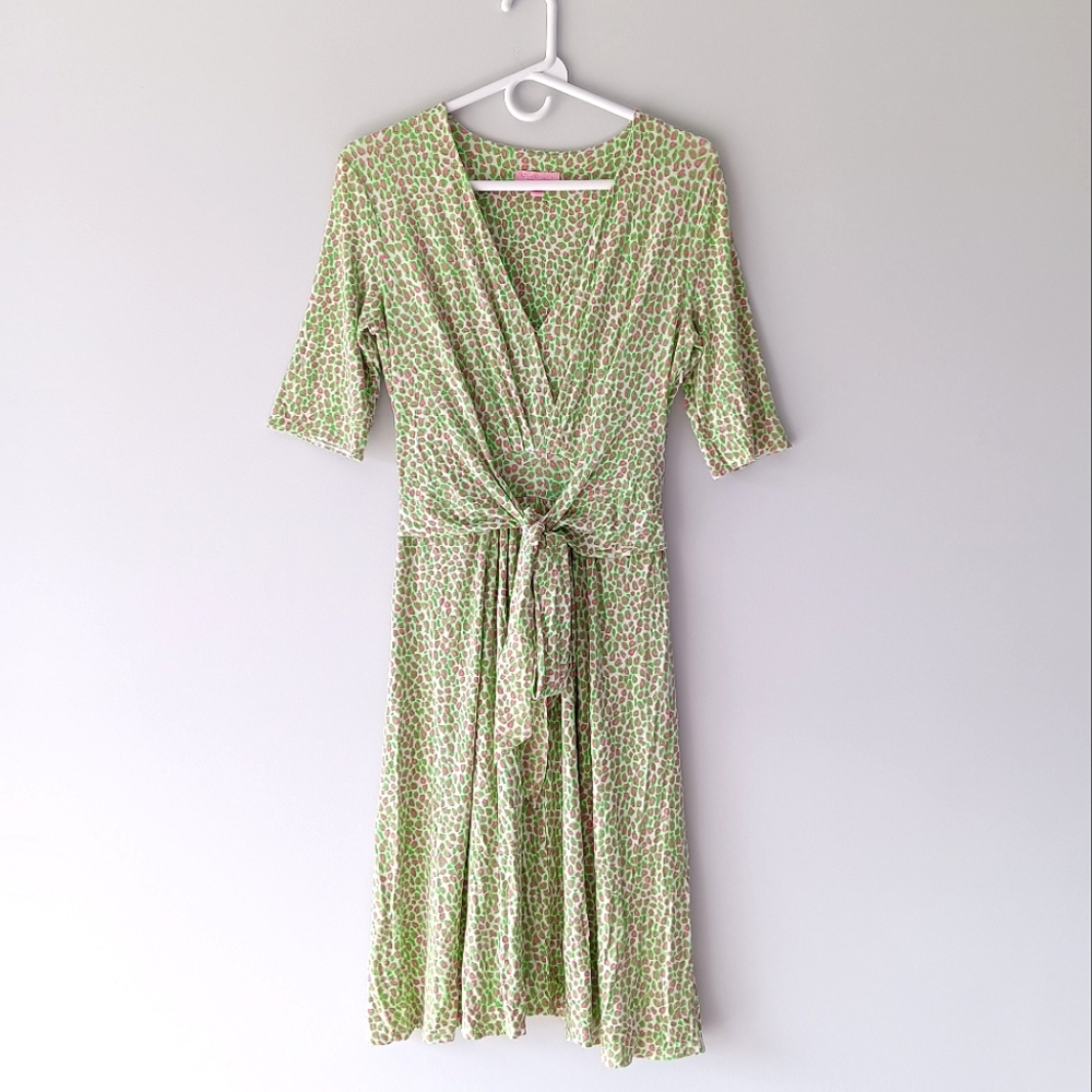 Lilly Pulitzer Surplice Faux Wrap Midi Dress Leopard Print Pink Green Medium